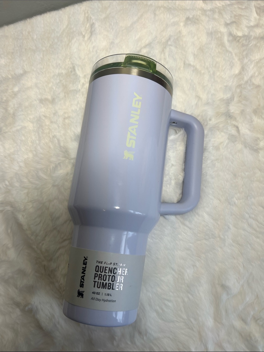 Stanley Lavender Tumbler with Green Lid and Handle